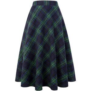 Womens Green 92026 Elastic Waist A-Line Pleated Tartan Long Plaid Wool Skirts